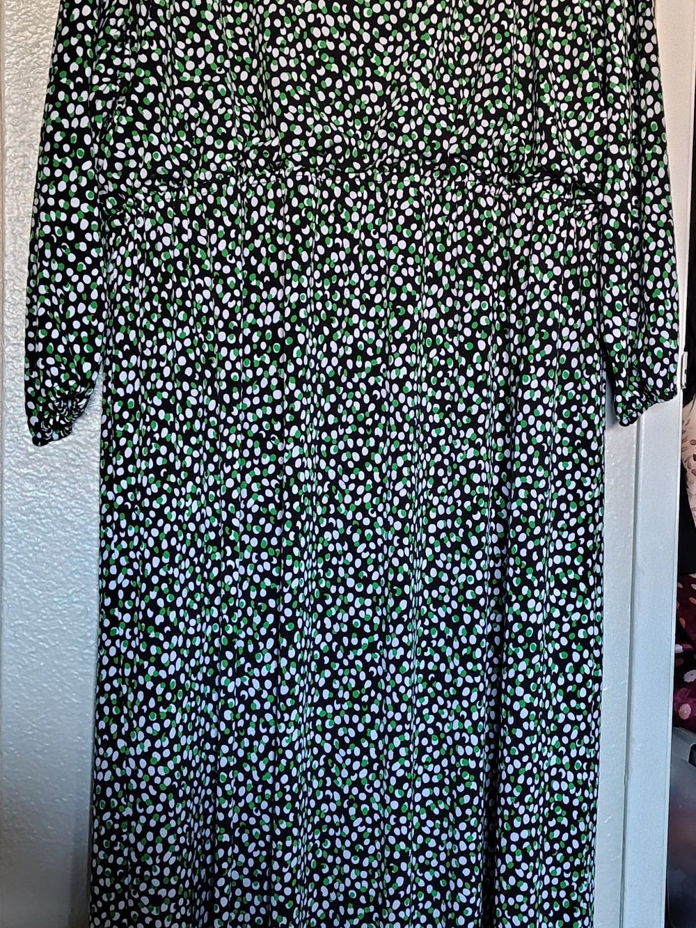 Black Polka Dot Midi Dress with Green Accents